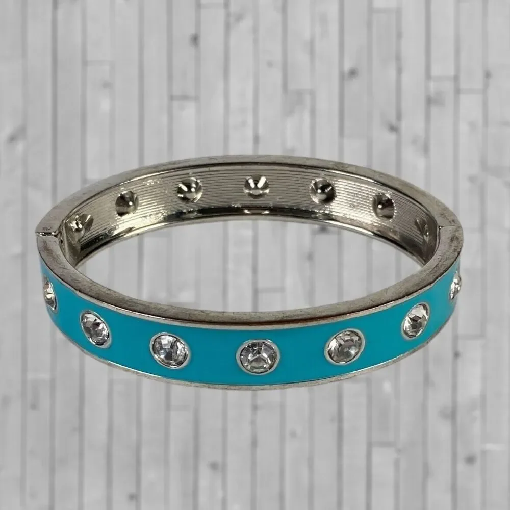 Vintage Enamel Rhinestone Studded Bracelet Turquoise Blue Hinged Bangle Clamper